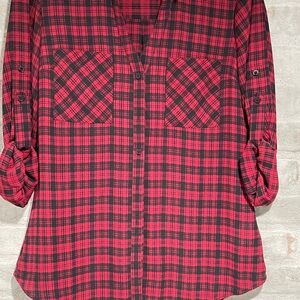 Plaid Button-Up Women's Top Red & Black Polyester Size Small From Express
